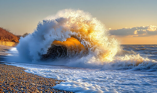 A wave crashing on a rocky beach, illuminated by a golden sunset - Powered by Adobe