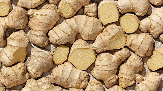 Close-up view of fresh ginger roots background, perfect for healthy recipes or wellness concept