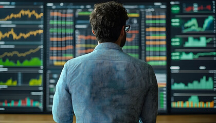 Person faces a large screen displaying graphs, charts, and numerical data in various colors