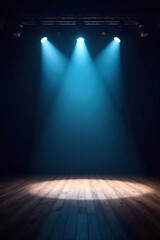 Powerful stage spotlights illuminate an empty stage, ready for a performance The beams of light cut through the darkness, creating a dramatic and captivating scene , stage setup, dark