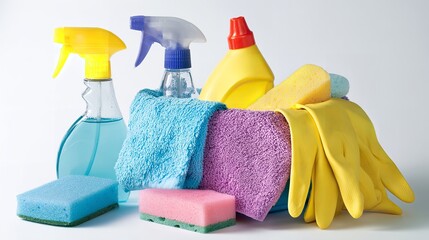 Cleaning supplies household products spray bottles sponges gloves towels for home sanitation and hygiene use