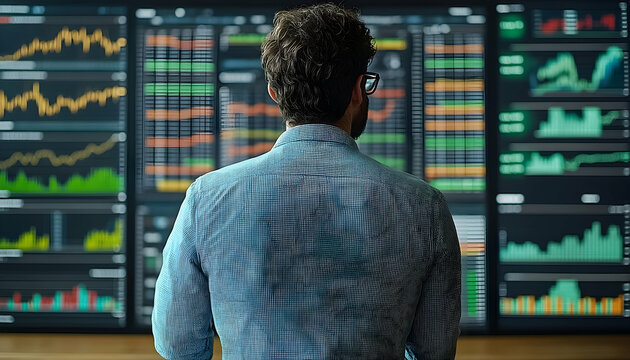 Person faces a large screen displaying graphs, charts, and numerical data in various colors