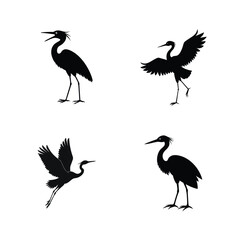 Egret bird silhouette set with graceful wading bird figures in motion vector illustration.