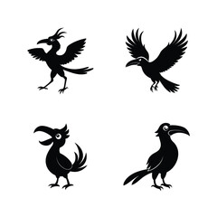 Hornbill bird silhouette set with curved beak bird forms in perched and flying poses vector illustration.