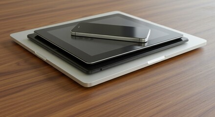 A modern stack of a smartphone, tablet, and laptop arranged on a wooden table, showcasing sleek lines and metallic finishes. 