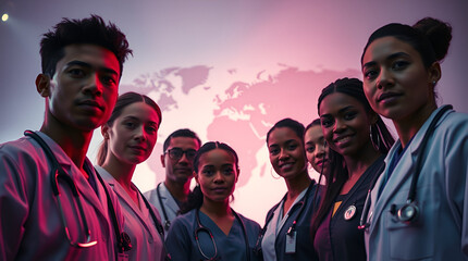 Global healthcare team united strong powerful doctors nurses fighting for health