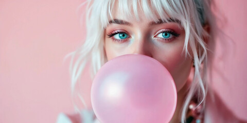Stylish Blond Girl Blowing Pink Bubblegum Bubble — Close-Up Portrait
