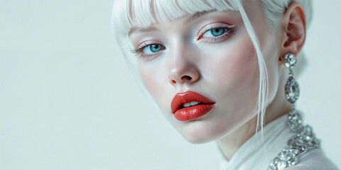 Albino Fashion Model with red lips Against White Studio Background
