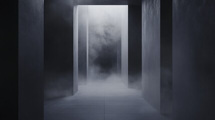 Foggy Corridor with Dark Gray Walls and Floor