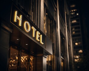 Obraz premium Illuminated Hotel Sign and Entrance at Night