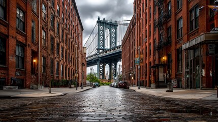 Fototapeta premium Manhattan Bridge Viewed from Cobblestone Street Between Red Brick Buildings
