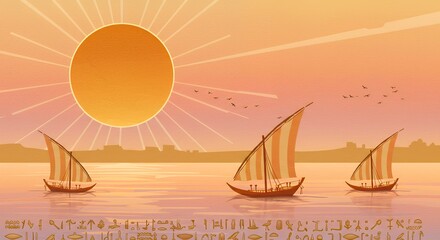 Stylized illustration of traditional felucca sailboats on the Nile River at sunset, with a vibrant sun and ancient hieroglyphics, evoking historical Egypt.