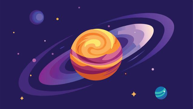 Colorful illustration of a planet with rings and other celestial objects in outer space