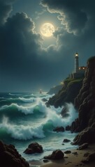 Fototapeta premium Dramatic seascape at night with a lighthouse under a full moon.