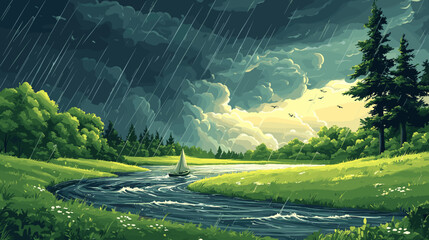 Mid-century poster design showing a winding river swollen from the rainy season, boats navigating rising currents beneath dramatic storm clouds and falling raindrops