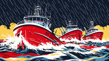Mid-century poster design showing a winding river swollen from the rainy season, boats navigating rising currents beneath dramatic storm clouds and falling raindrops