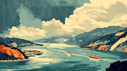 Mid-century poster design showing a winding river swollen from the rainy season, boats navigating rising currents beneath dramatic storm clouds and falling raindrops