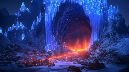 Crystalline cavern entrance, glowing with blue ice and fiery depths - Powered by Adobe