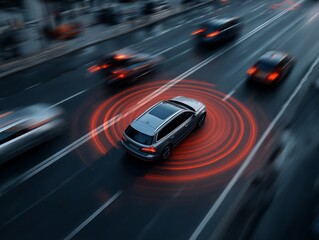 Fototapeta premium Silver SUV with Active Sensor Display on Highway at Night