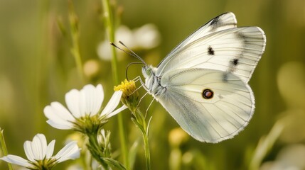 Delicate cabbage white butterfly gracefully perched on a dainty flower