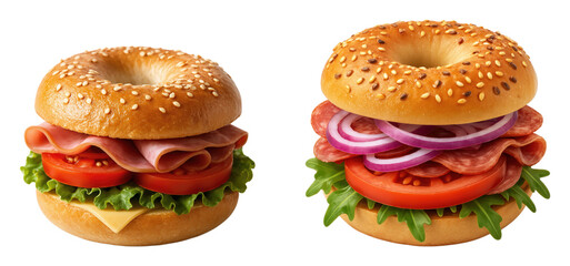 Delicious Gourmet Bagels Stacked with Fresh Ingredients Including Ham, Salami, Tomato, Lettuce, Red Onion, and Cheese, Isolated on Transparent and White Background