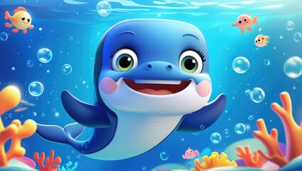 Obraz premium Cartoon dolphin character in an underwater scene.