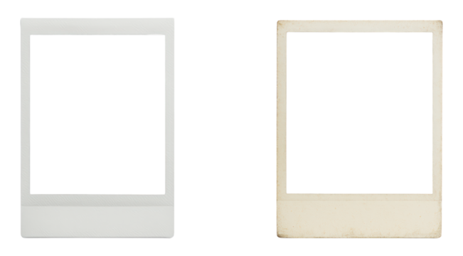Two Vintage Polaroid Instant Photo Frames: A Classic Weathered Look and a Clean White Design, Ideal for Nostalgic Presentations, Isolated on Transparent and White Background