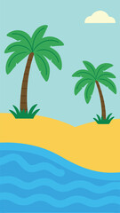 Illustration of a tropical beach scene with palm trees sand and ocean waves