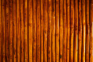 A close-up view of a wall constructed from numerous vertically aligned bamboo stalks, forming a natural and organic textured surface. 