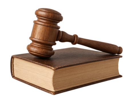 Wooden Gavel Resting on an Open Law Book Symbolizing Justice and Authority in Legal Proceedings, Isolated on Transparent and White Background - Powered by Adobe