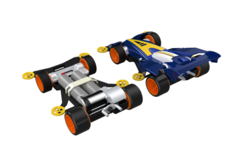 Two plastic Mini 4WD toy cars, one assembled blue and yellow racer and one unassembled chassis showing batteries. Hobby model kit building and racing concept on PNG. MINI4WD MINI 4WD 4 WD YONKU