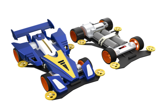 Two plastic Mini 4WD toy cars, one assembled blue and yellow racer and one unassembled chassis showing batteries. Hobby model kit building and racing concept on PNG. MINI4WD MINI 4WD 4 WD YONKU