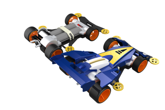 Two plastic Mini 4WD toy cars, one assembled blue and yellow racer and one unassembled chassis showing batteries. Hobby model kit building and racing concept on PNG. MINI4WD MINI 4WD 4 WD YONKU