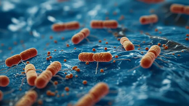 Detailed Microscopic View of Brown Rod Shaped Bacteria on a Textured Blue Surface for Medical Research and Scientific Illustration