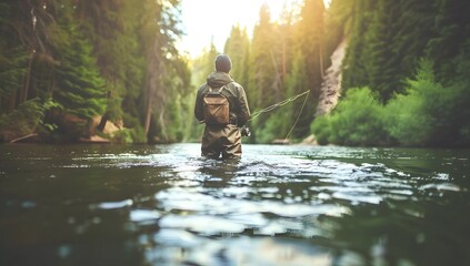 Man Fly Fishing in River Stream Surrounded by Green Forest Trees on Sunny Day