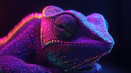 An Exotic Chameleon Showcasing Dazzling Multicolored Skin in Dark Environment
