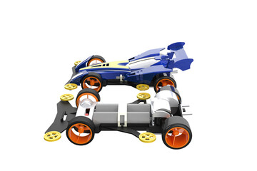 Two plastic Mini 4WD toy cars, one assembled blue and yellow racer and one unassembled chassis showing batteries. Hobby model kit building and racing concept on PNG. MINI4WD MINI 4WD 4 WD YONKU