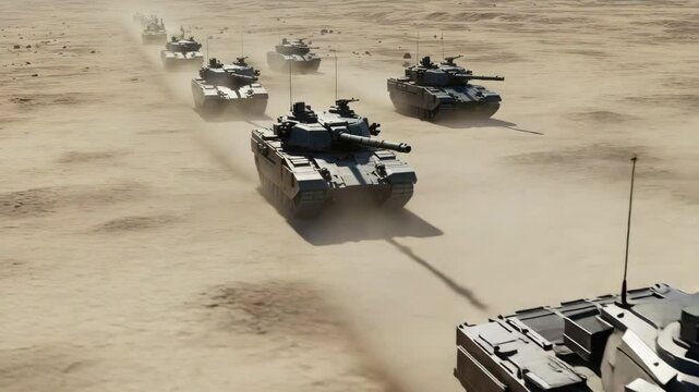 Military tanks advancing across desert landscape in formation  