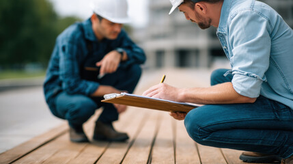Two construction workers wearing safety helmets discussing project plans outdoors on wooden deck, with one taking notes on clipboard, showing teamwork and planning in construction work