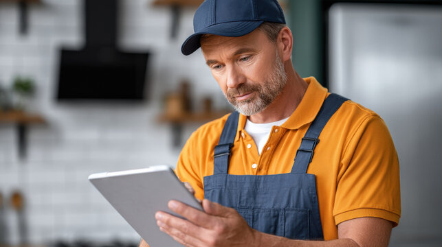 Middle aged man in yellow polo shirt and blue apron looks at tablet with focused expression, possibly reviewing work or instructions in modern kitchen or workshop setting - Powered by Adobe