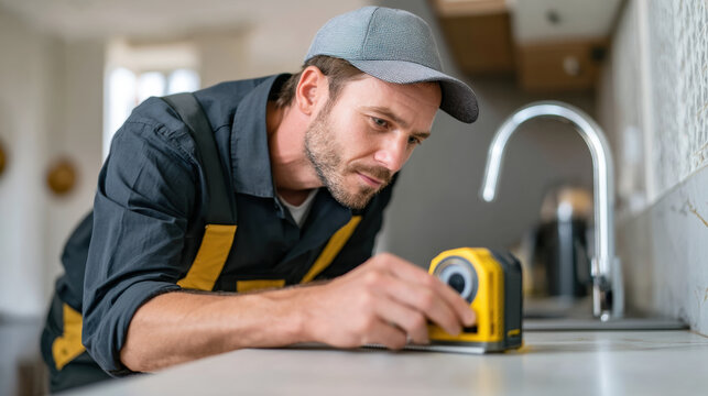 Man measuring surface with yellow laser distance meter modern kitchen focused and precise working home improvement project natural light casual work attire indoor setting close up shot