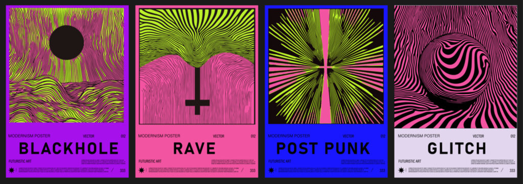 Set of four modernist posters features abstract wavy op-art patterns in neon pink, blue, green, and yellow. The popular futuristic style merges modernism, bold color, and experimental graphic design.