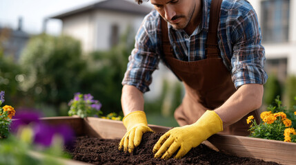 Man planting flowers garden bed wearing yellow gloves and plaid shirt focused soil preparation outdoor gardening urban backyard spring season healthy plants gardening tools nature hobby