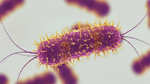 Detailed Microscopic View of Purple Bacteria with Golden Projections on a Soft Gray Background Emphasizing Scientific Accuracy