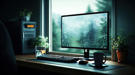 Fototapeta premium Home office with view of rainy day creating cozy atmosphere, featuring computer monitor displaying raindrops on glass, keyboard, mouse, mug, and potted plant on wooden desk near window
