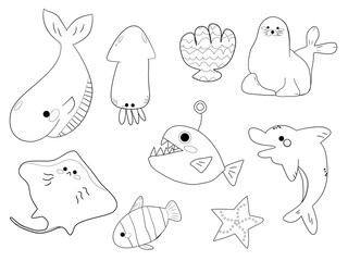 Cute ocean animals illustration, white isolate background