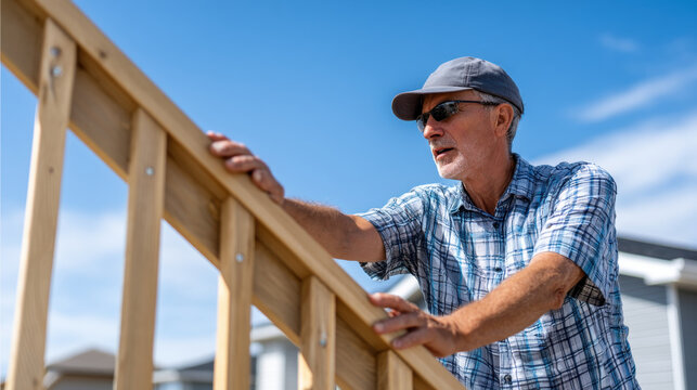 Elderly man wearing sunglasses, cap, and plaid shirt inspects wooden deck railing outdoors on sunny day, showing focus and craftsmanship in his work - Powered by Adobe