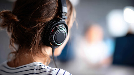 Person wearing high quality headset with comfortable headband and large ear cups, deeply engaged in listening, in modern indoor setting with blurred background elements