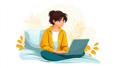 Young woman sitting on bed using laptop, working or browsing comfortably in cozy indoor setting with plants in background. She appears focused and relaxed, enjoying her time at home