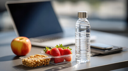 Clean workspace with healthy snacks and water on desk, including strawberries, apple, water bottle, laptop, and smartphone, suggesting productive and healthy work environment